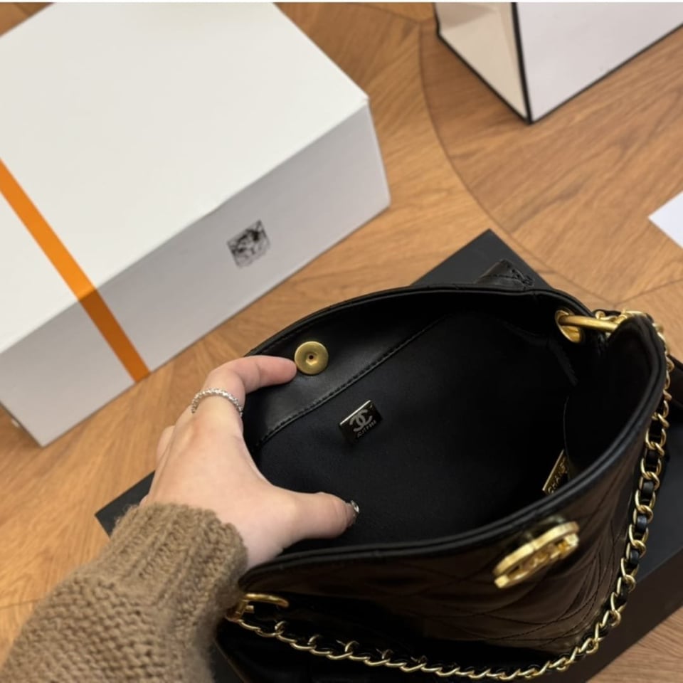 Chanel Hobo Bag Glossy Calfskin Black 25Cm/9.8in view 6