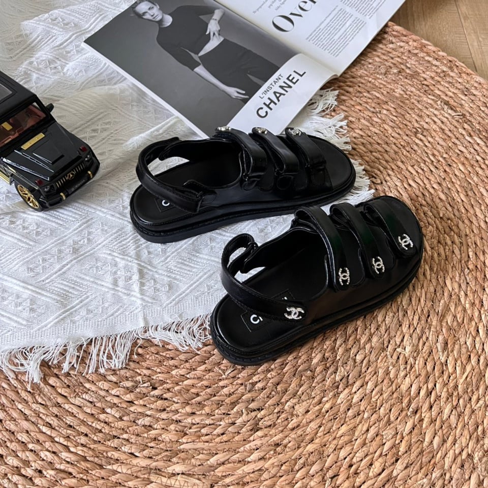 Chanel Triple Velcro Strap Sandals Black G45628 B16403 94305 view 4