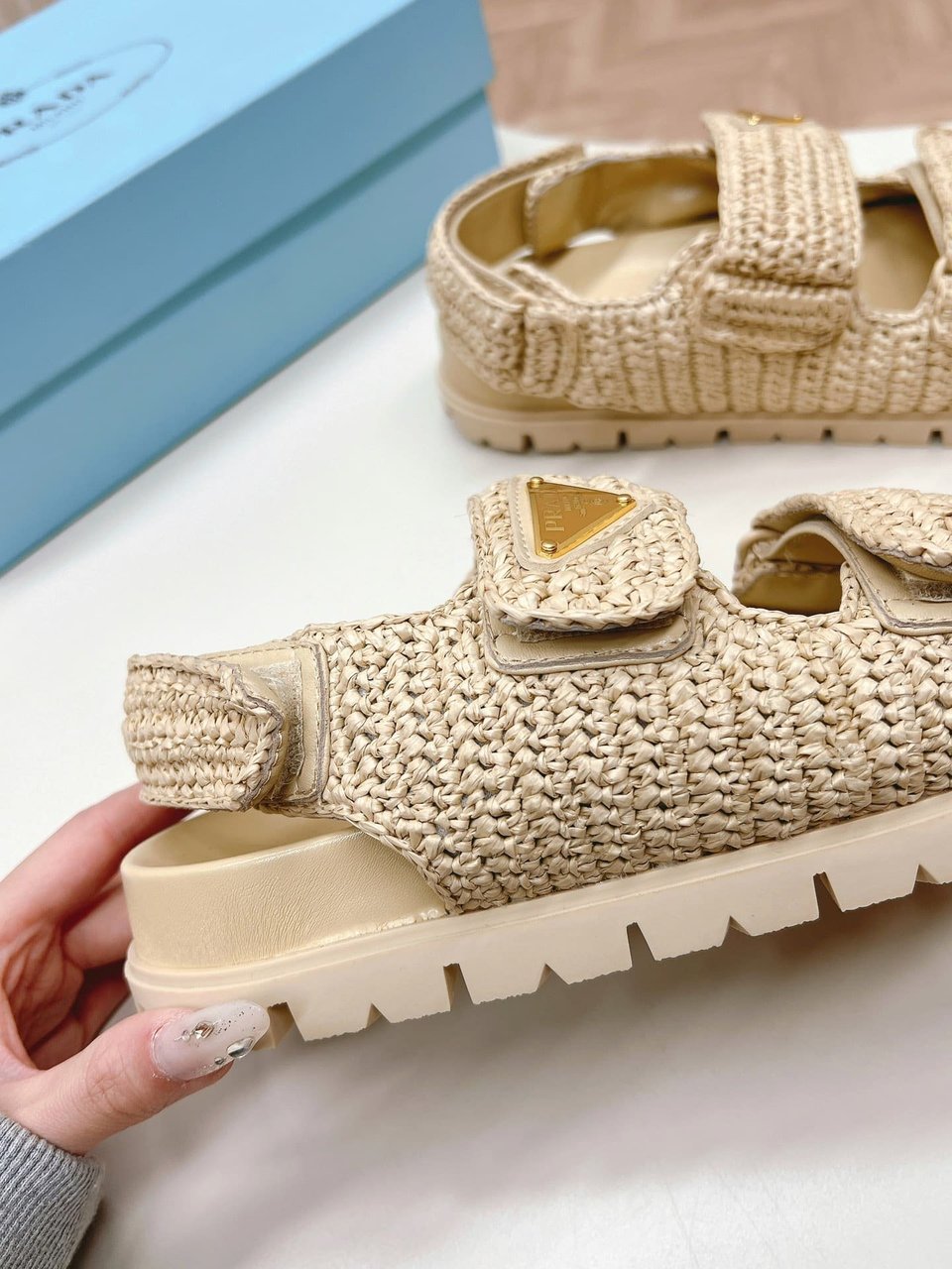 Prada Monolith Crochet Raffia Effect Sandals In Neutrals view 4