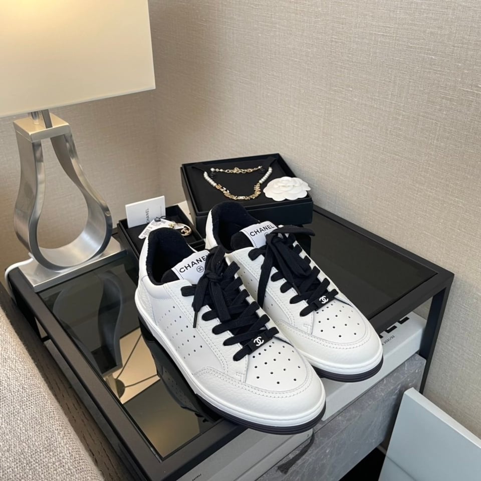 Chanel White/Black Leather Logo Sneakers view 4