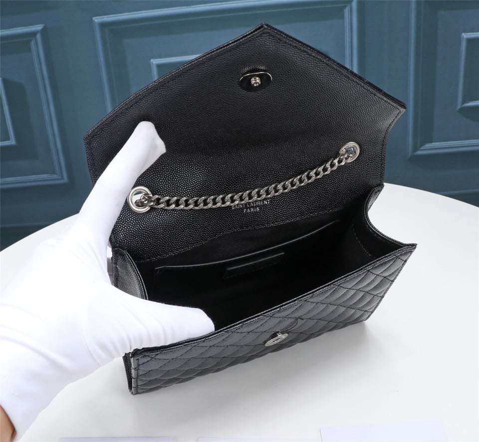 Saint Laurent Envelope Small Bag In Mix Matelasse Grain De Poudre Embossed Black Silver view 8