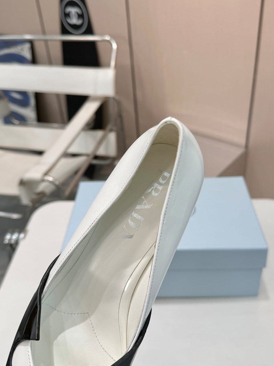 Prada Two Tone Toe Kitten Heels In Black And White view 4