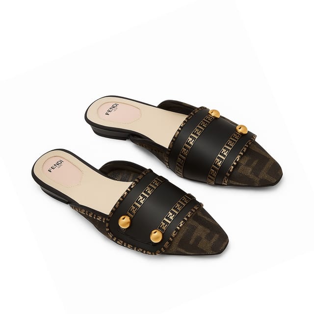 Fendi Ff Beige Strap Half Slippers Black
