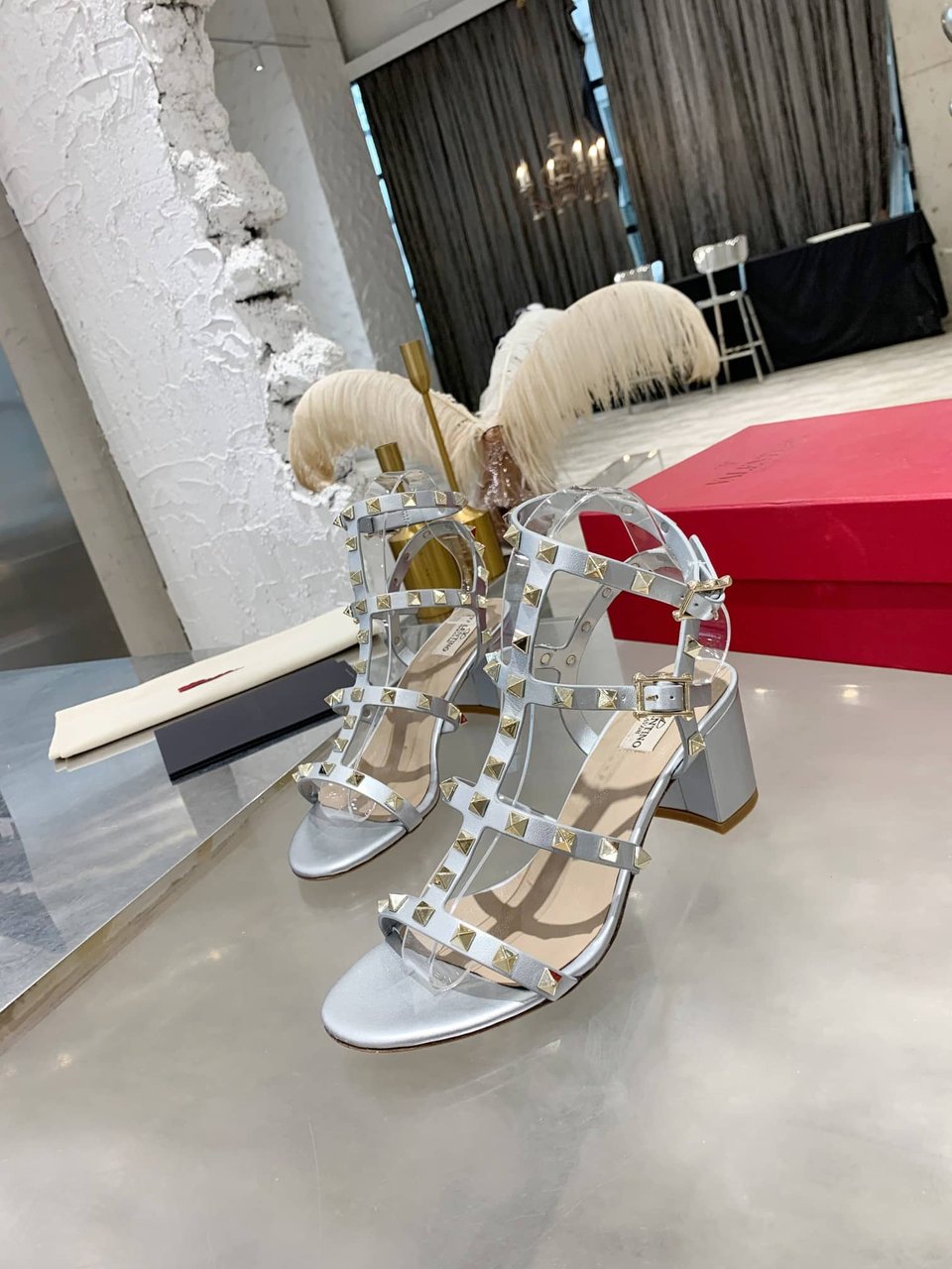 Valentino Garavani Rockstud Leather Sandals Silver view 7