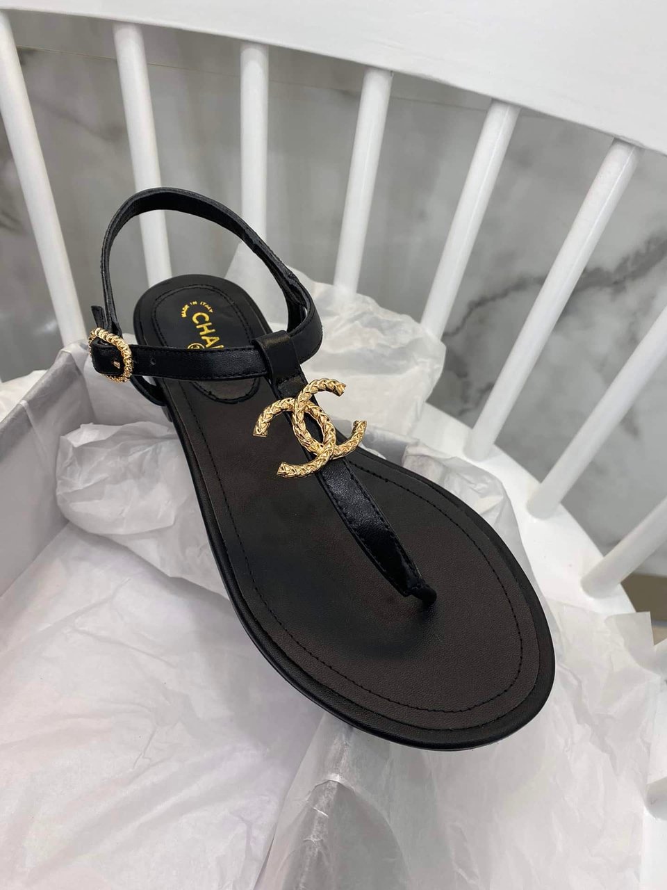 Chanel Gold Cc Logo Thong Sandals Black view 6