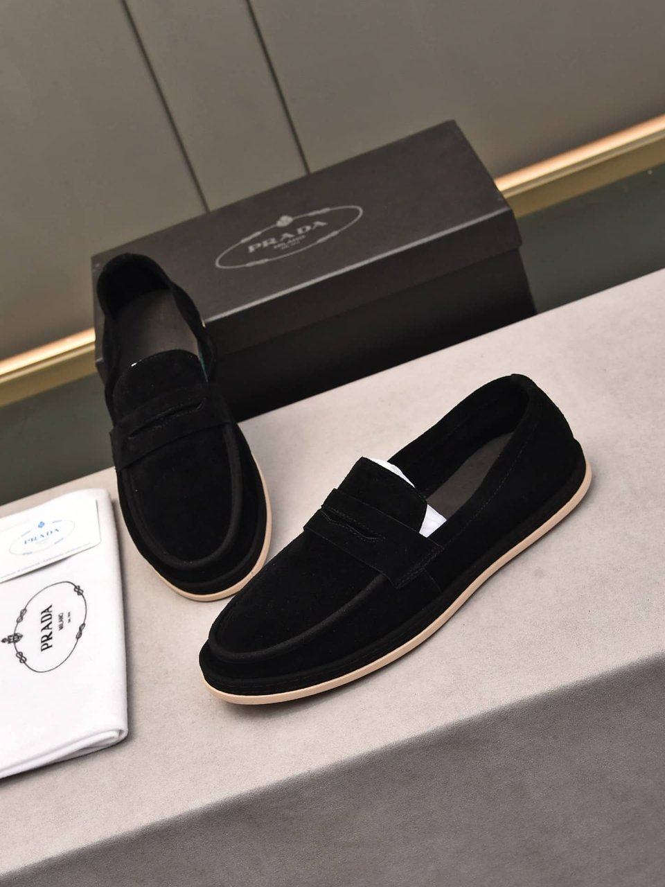 Prada Men’S Flat Loafers Suede Leather Black view 8