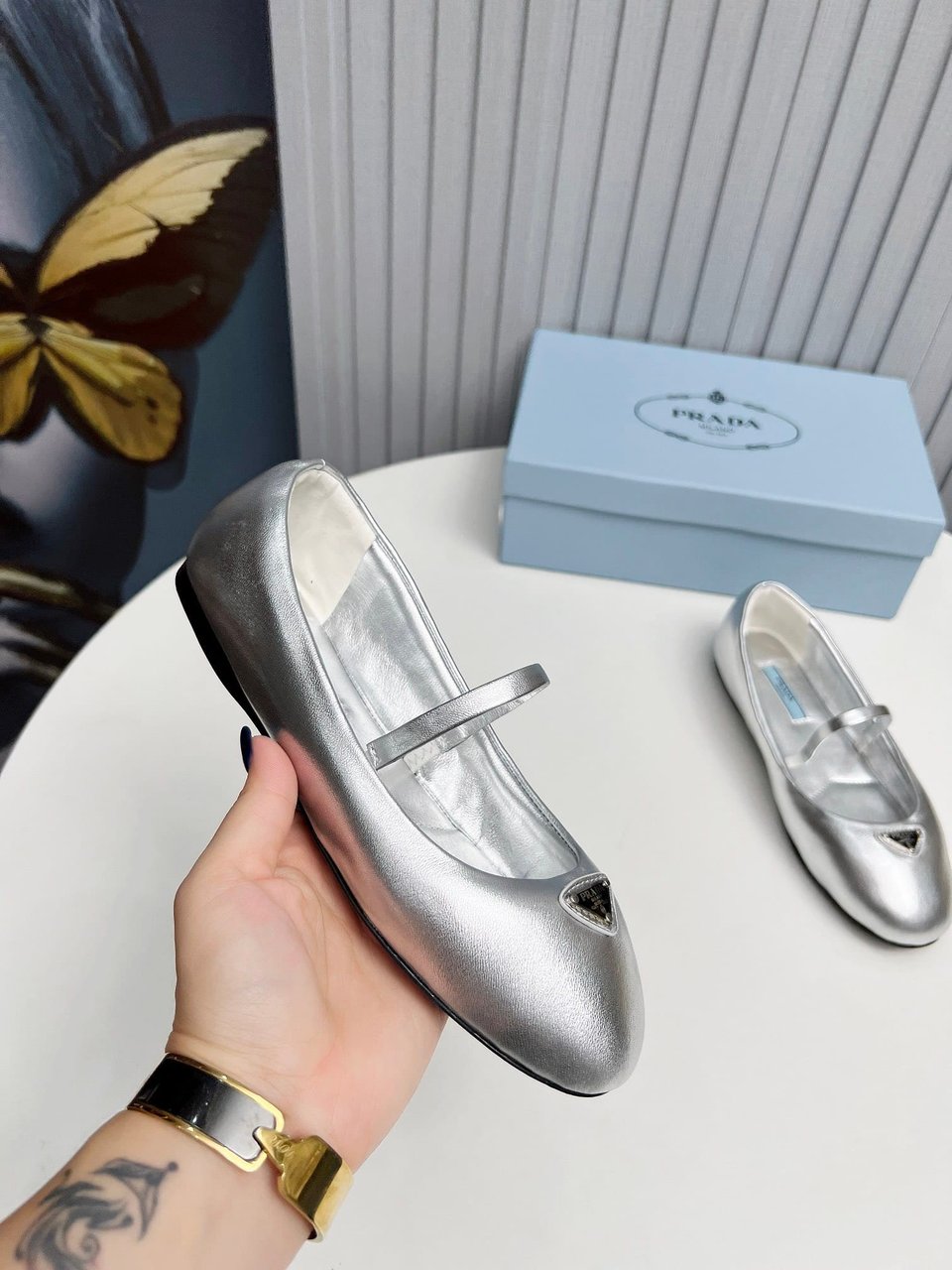 Prada Soft Padded Nappa Leather Ballerinas Silver view 6