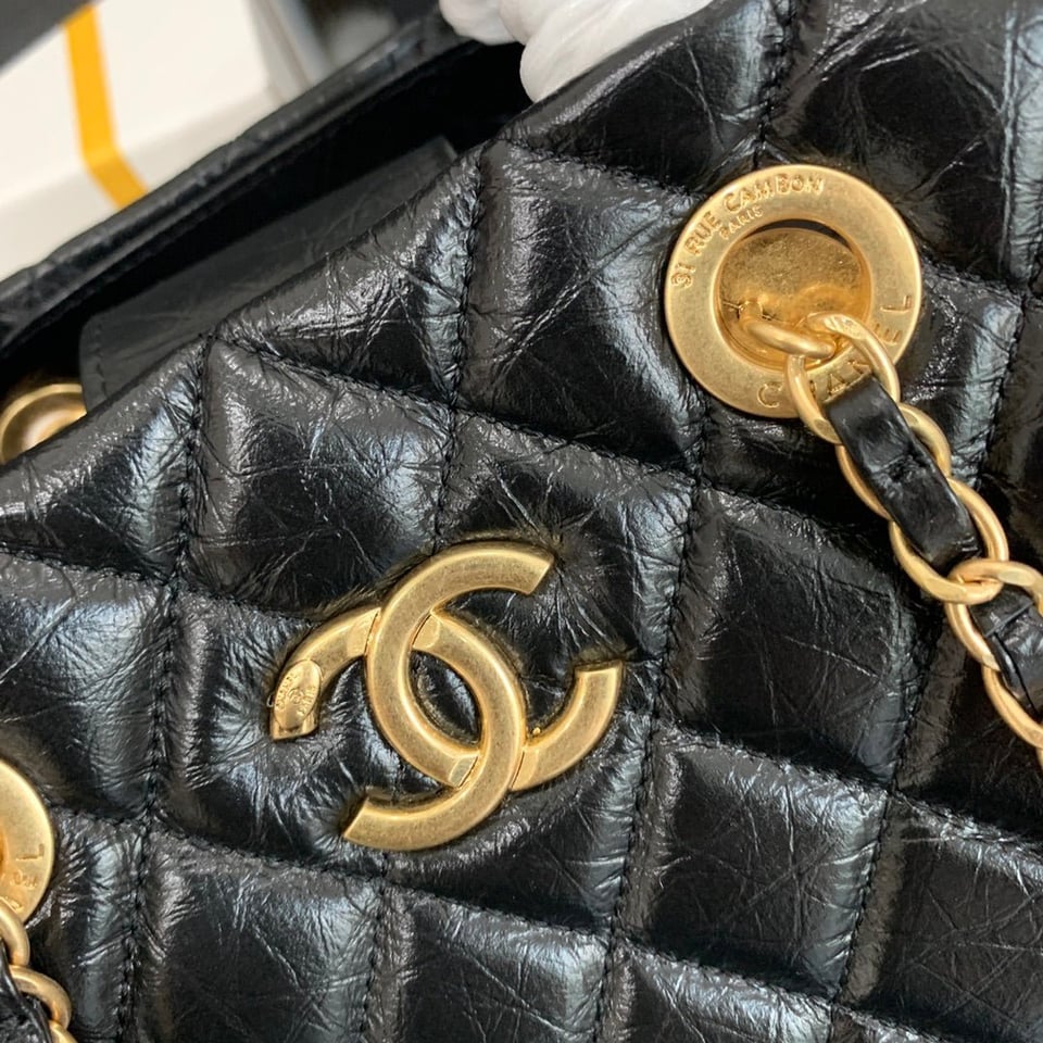 Chanel Shopping Bag 38Cm Black Quilted Aged Calfskin Ghw view 6