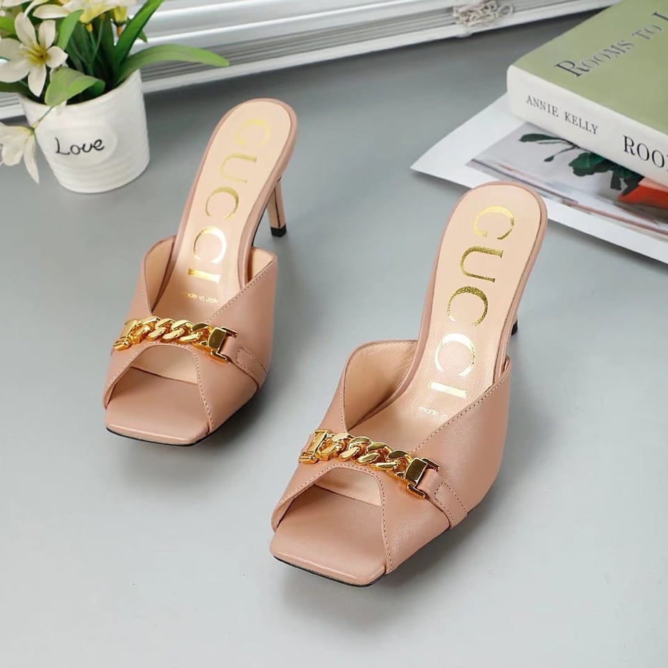 Gucci Chain Stiletto Heels Flip Flop Fish Mouth Mule Sandals Patel Pink view 7