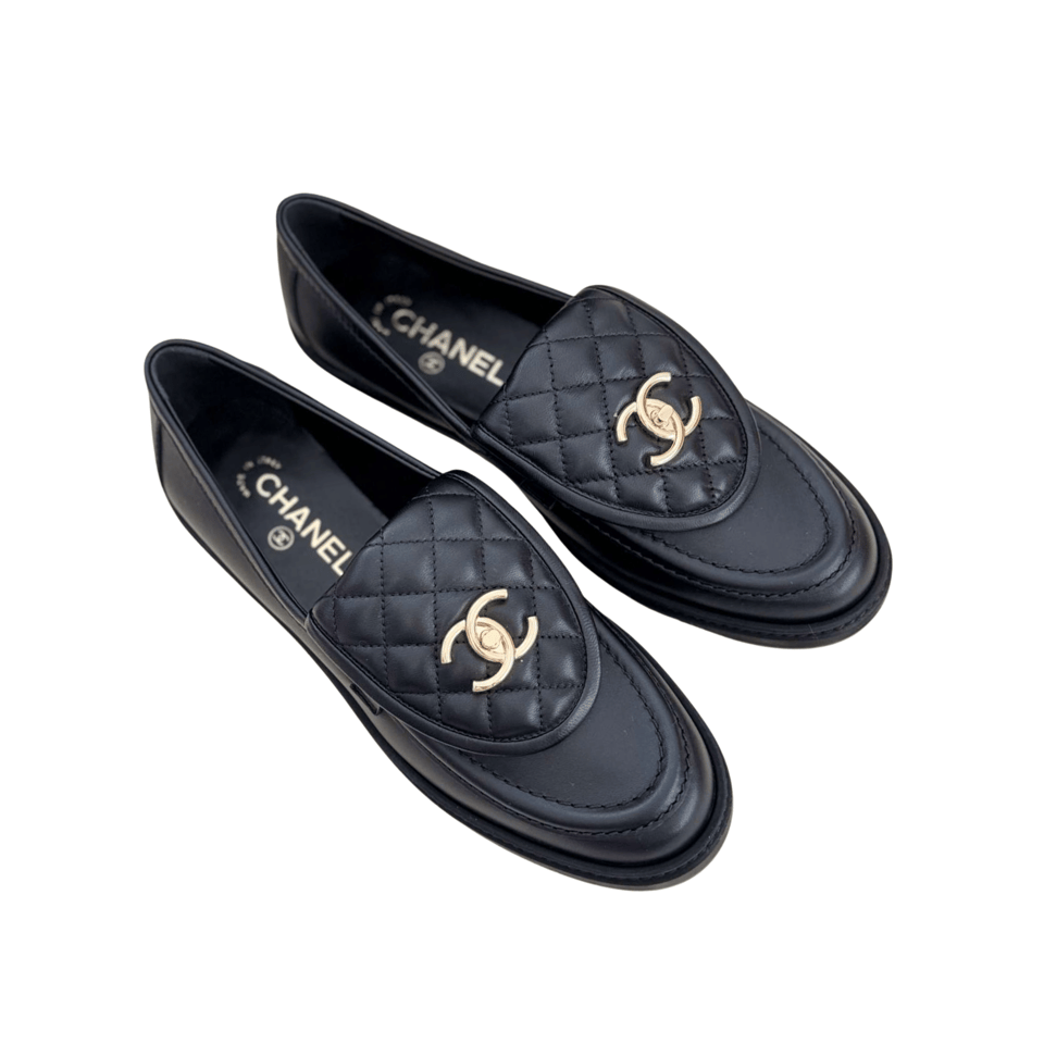 Chanel Quilted Leather Loafers Black with Gold CC Logo view 2