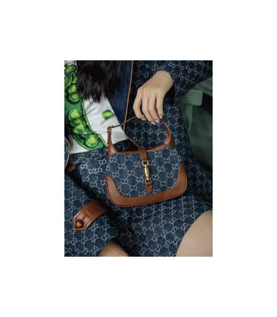 Gucci Jackie 1961 Mini Shoulder Bag in Blue Jacquard Denim 19cm view 3