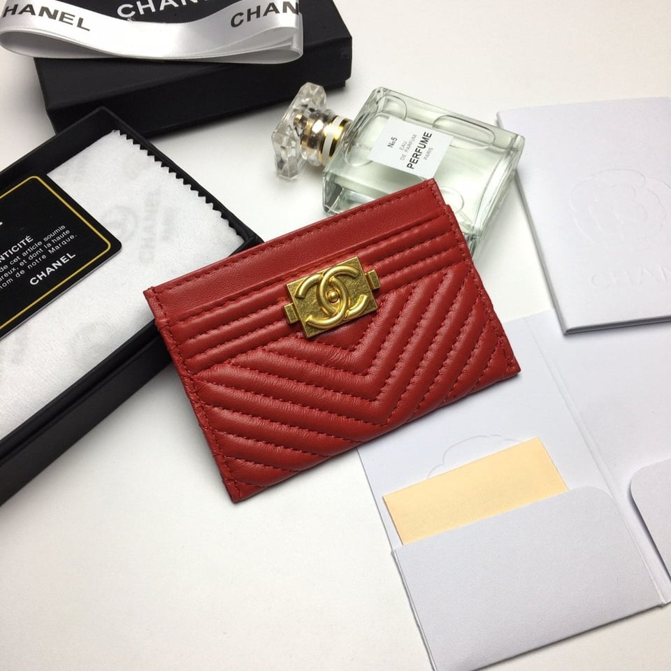 Chanel Line Card Holder 11.2 Red Calfskin Gold Icon