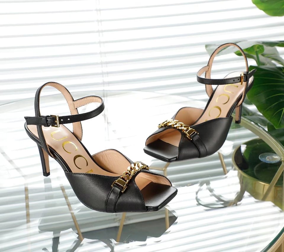 Gucci Metal Chain Stiletto Heels Flip Flop Fish Mouth Sandals Black view 3