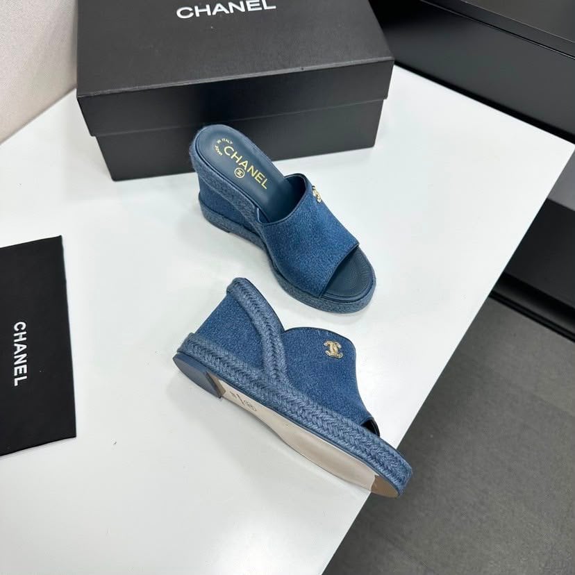 Chanel Denim Wedge Slingback Sandals Blue Denim G39832 view 8