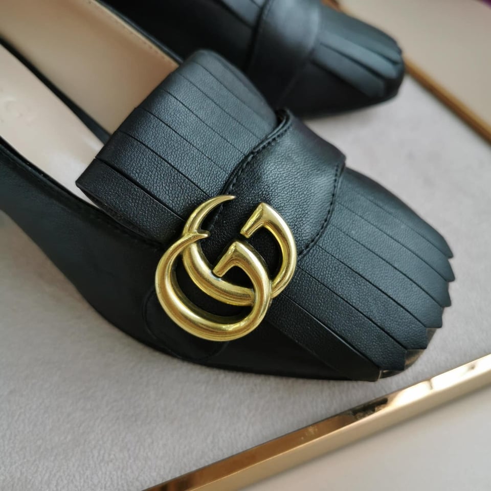 Gucci Wmns Black Leather Mid-Heel Pump 408208 C9D00 1000 view 3