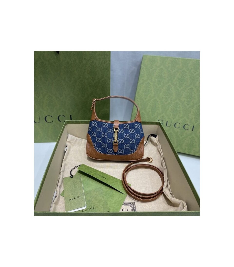Gucci Jackie 1961 Mini Shoulder Bag in Blue Jacquard Denim 19cm view 7