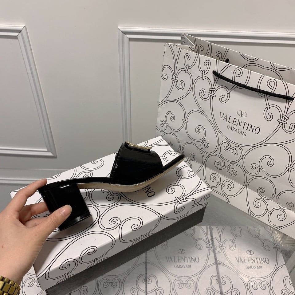 Valentino Vlogo Signature Square Toe Middle Heel Black Slide Sandal view 6