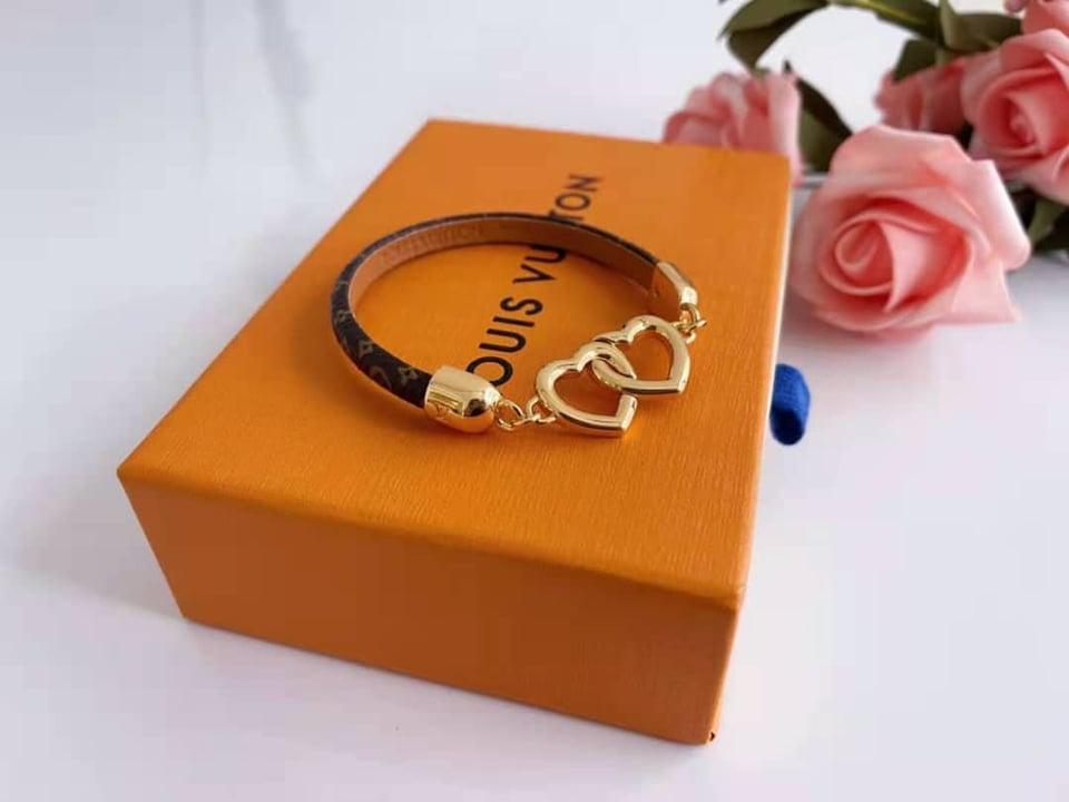 Louis Vuitton Leather Twice Gold Heart Bracelet