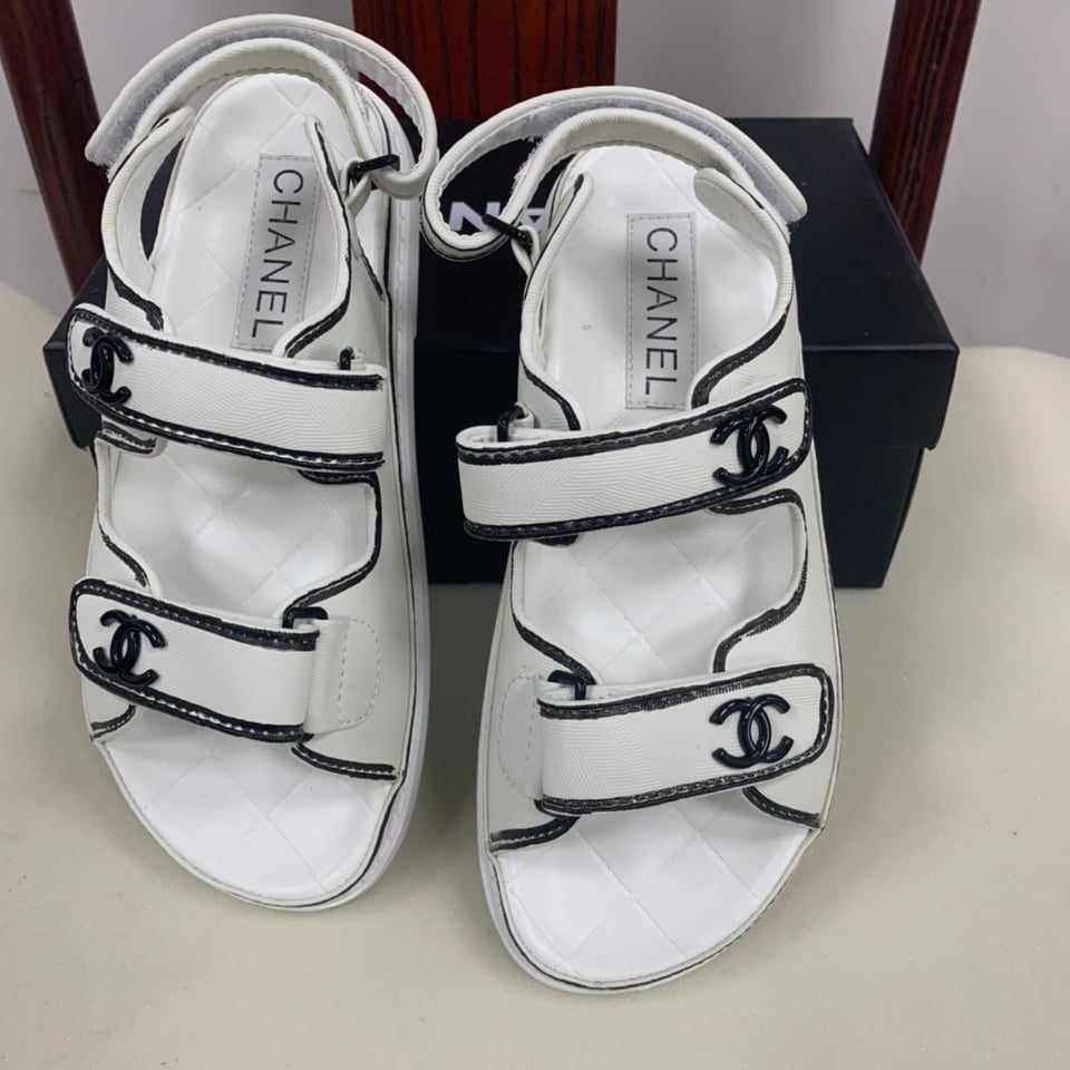 Chanel Calfskin Printed Velcro Dad Sandals White Black view 8