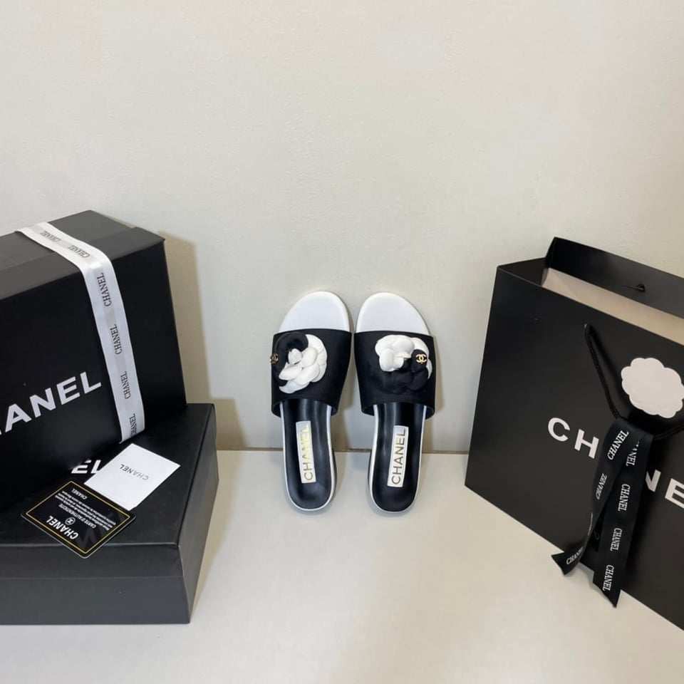 Chanel Camellia Slides Black White view 7