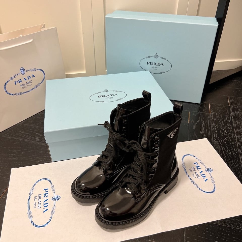 Prada Brushed-Leather And Re-Nylon Boots Shiny Black view 8