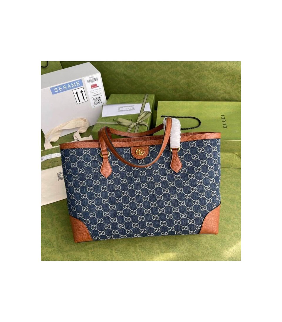 Gucci Indigo &amp; Brown Ophidia Denim Tote 38cm view 4