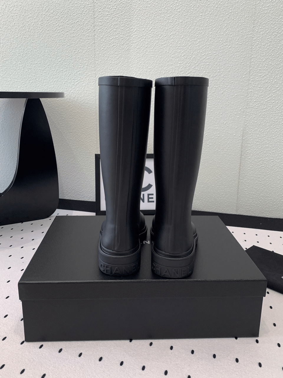 Chanel CC Logo Rain Boots Black Rubber Heel 47cm view 5