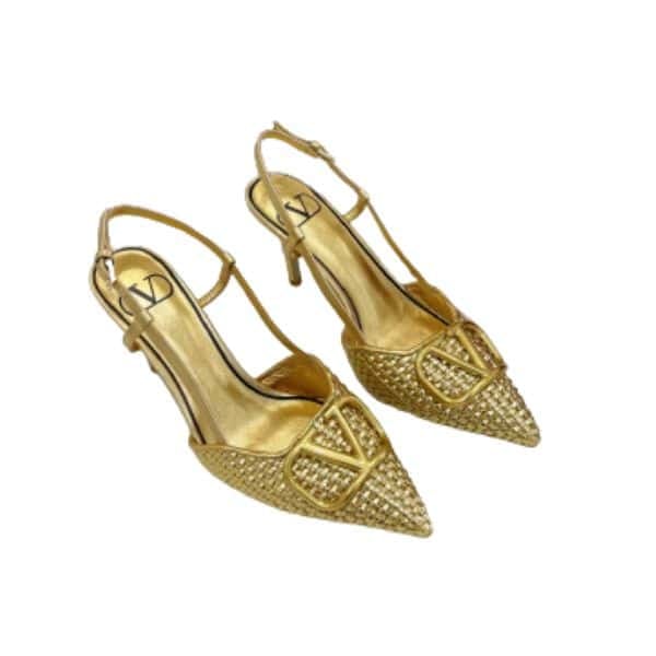 Valentino Garavani Vlogo Woven Leather Slingback Pumps Gold view 2