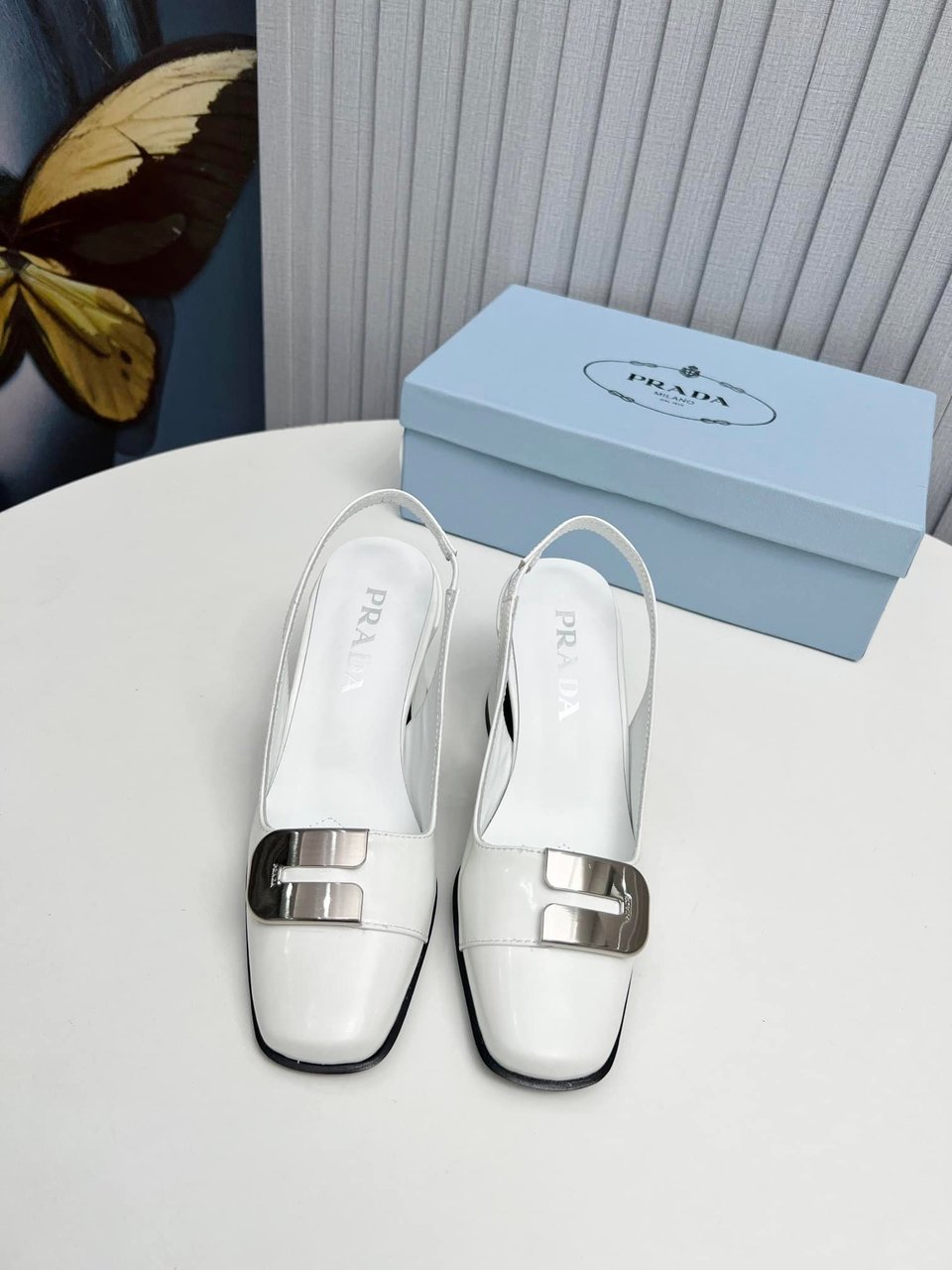 Prada Leather Slingback Pumps White view 9