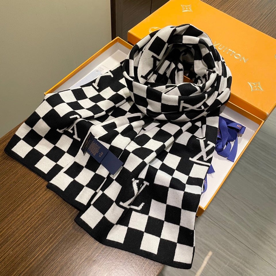 Louis Vuitton Monogram Cashmere Jacquard Scarf Black-White For Women 200cm view 2