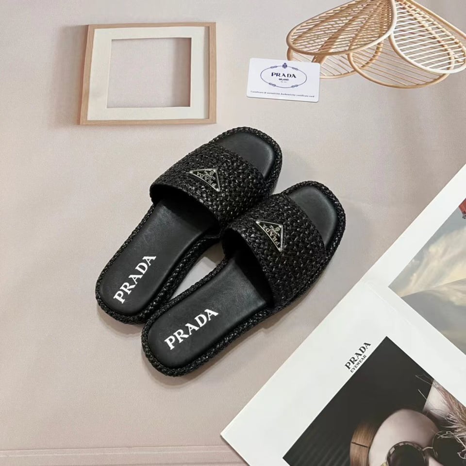 Prada Natural Crochet Platform Slides Black view 9