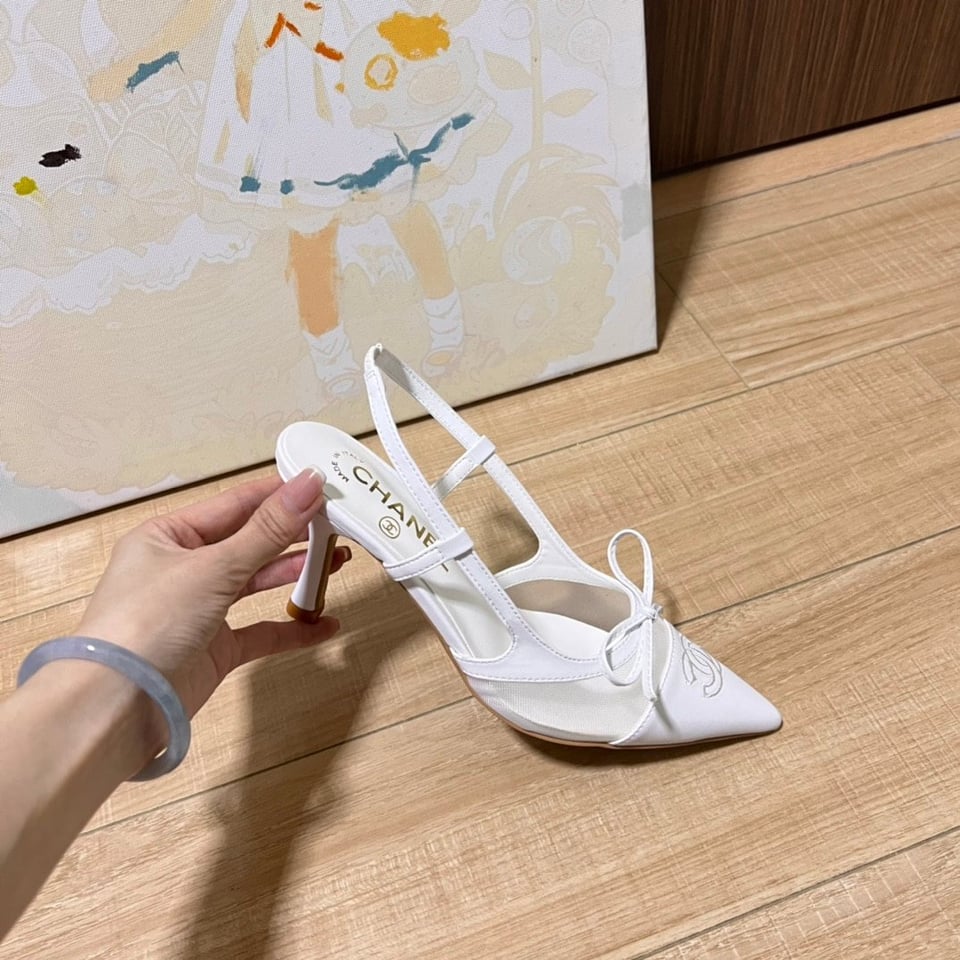 Chanel Cc Leather Pointy Toe Pumps Slingbacks Sandals White view 9