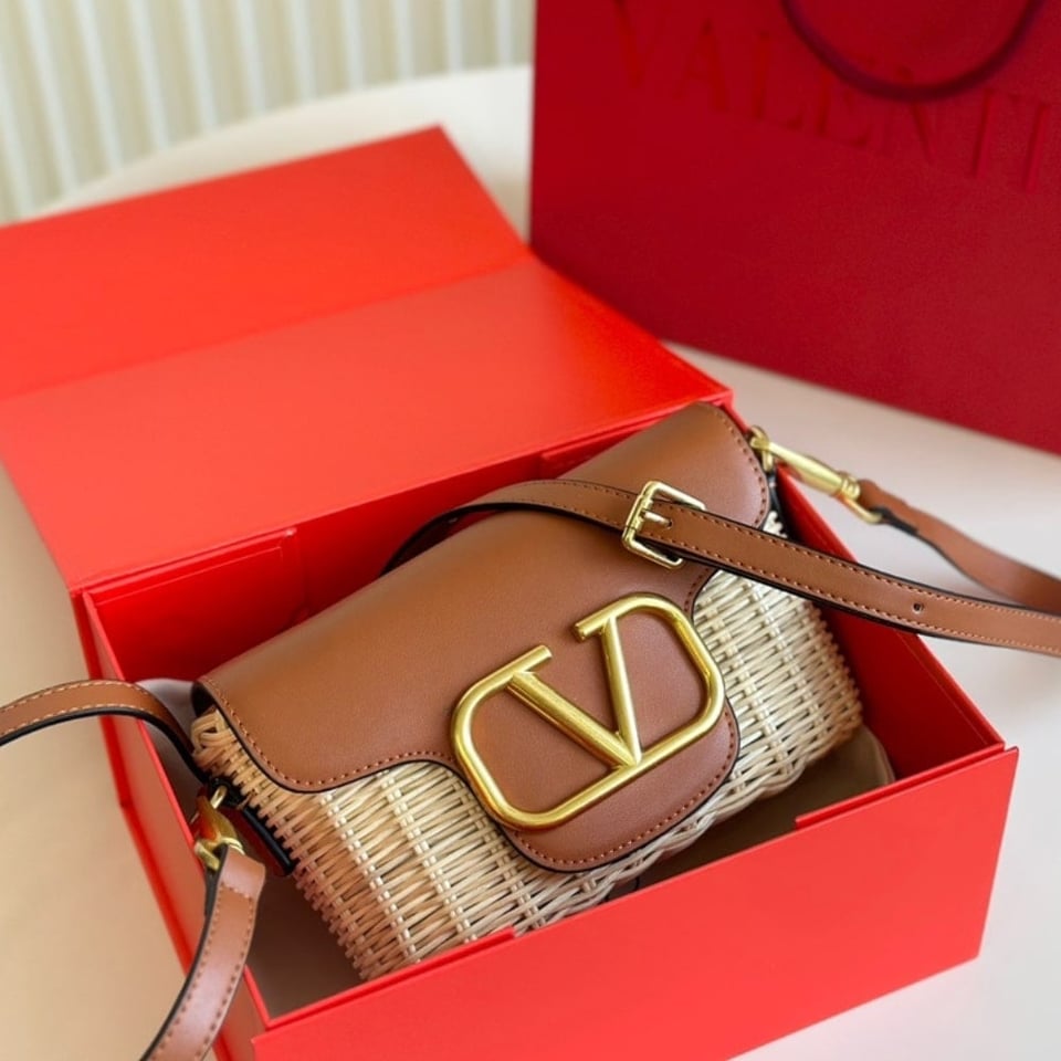 Valentino Loco Vlogo Flap Straw Shoulder Bag Brown 18Cm view 3