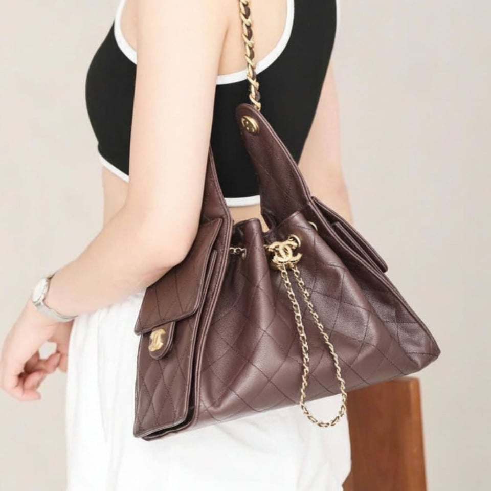 Chanel 25 Small Size Handbag Calfskin With Grain Effect &amp; Gold Metallic Brown 30cm/11.8in AS5293 view 2