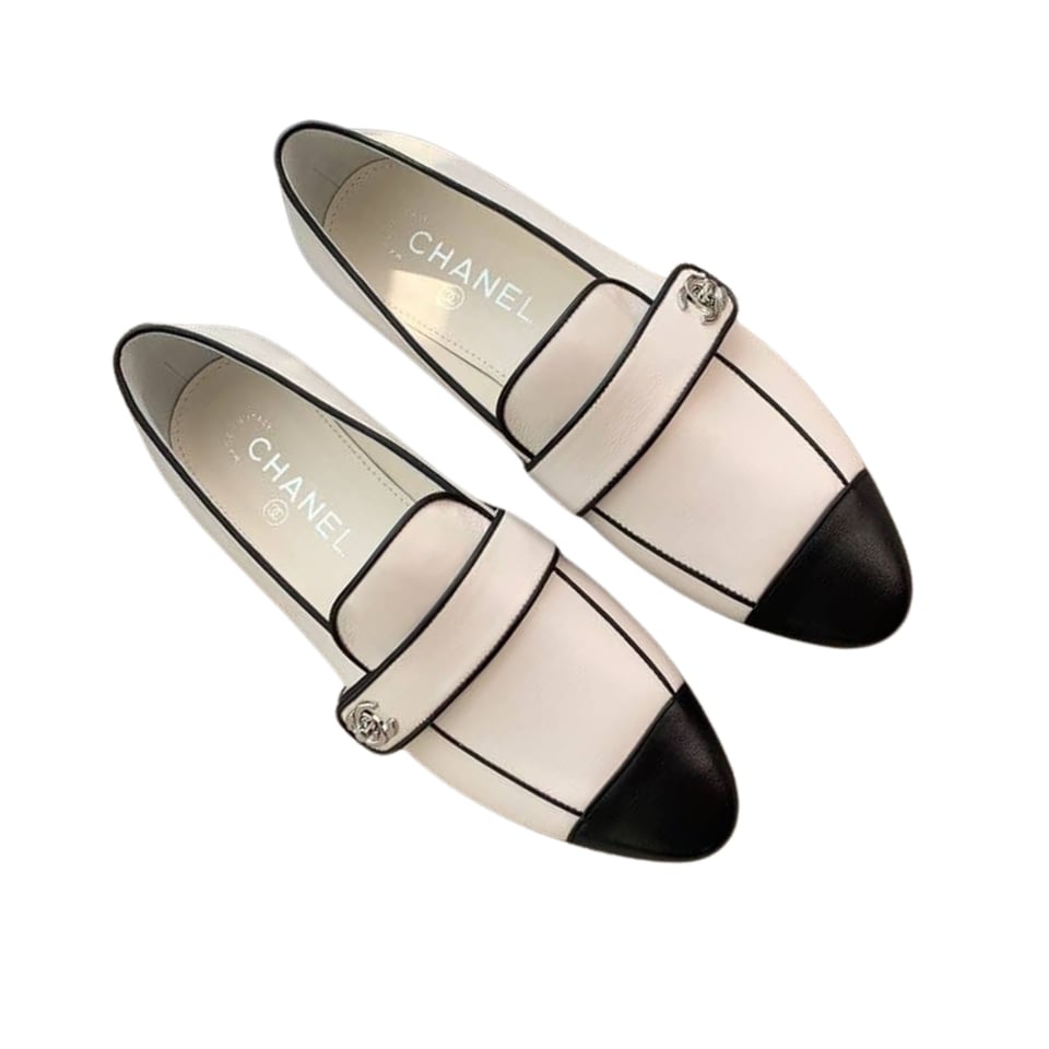 Chanel Leather Cc Cap Toe Slip On Loafers White view 2