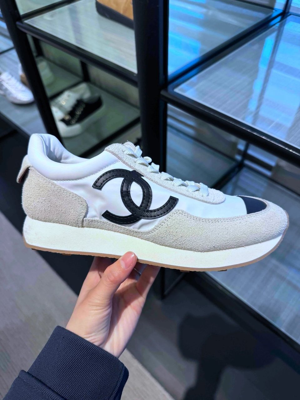 Chanel Mesh Suede Calfskin Sneakers with Black CC Logo Light Grey White &amp; Black G38290 view 2