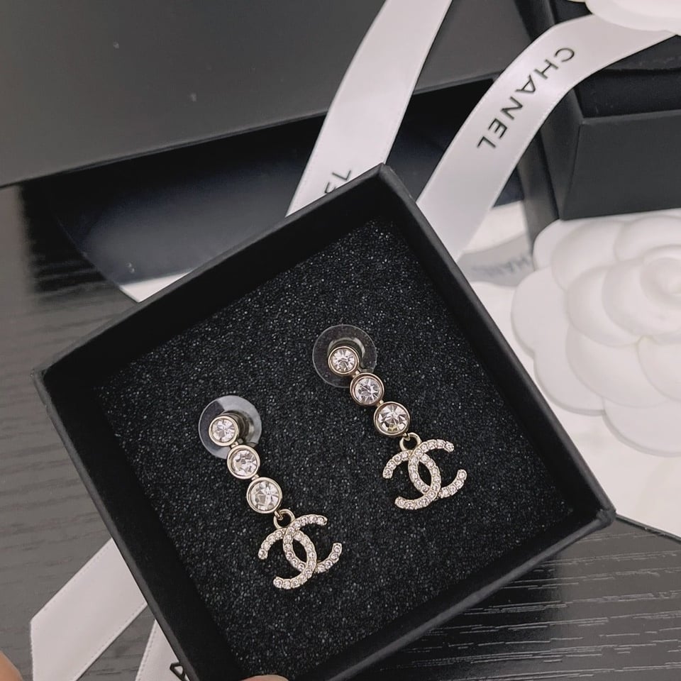Chanel Crystal Cc Drop Earrings Gold view 5