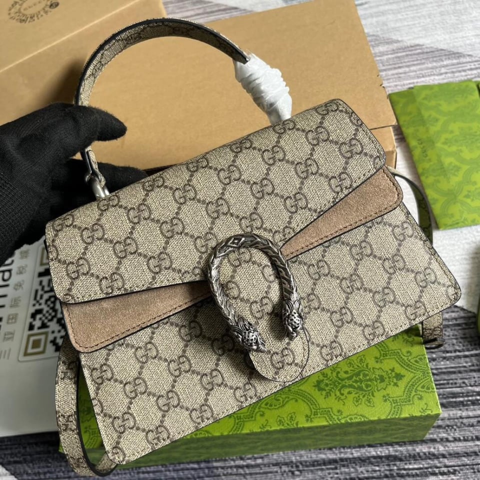 Gucci Small Dionysus Top Handle Bag Taupe Suede Trim view 13