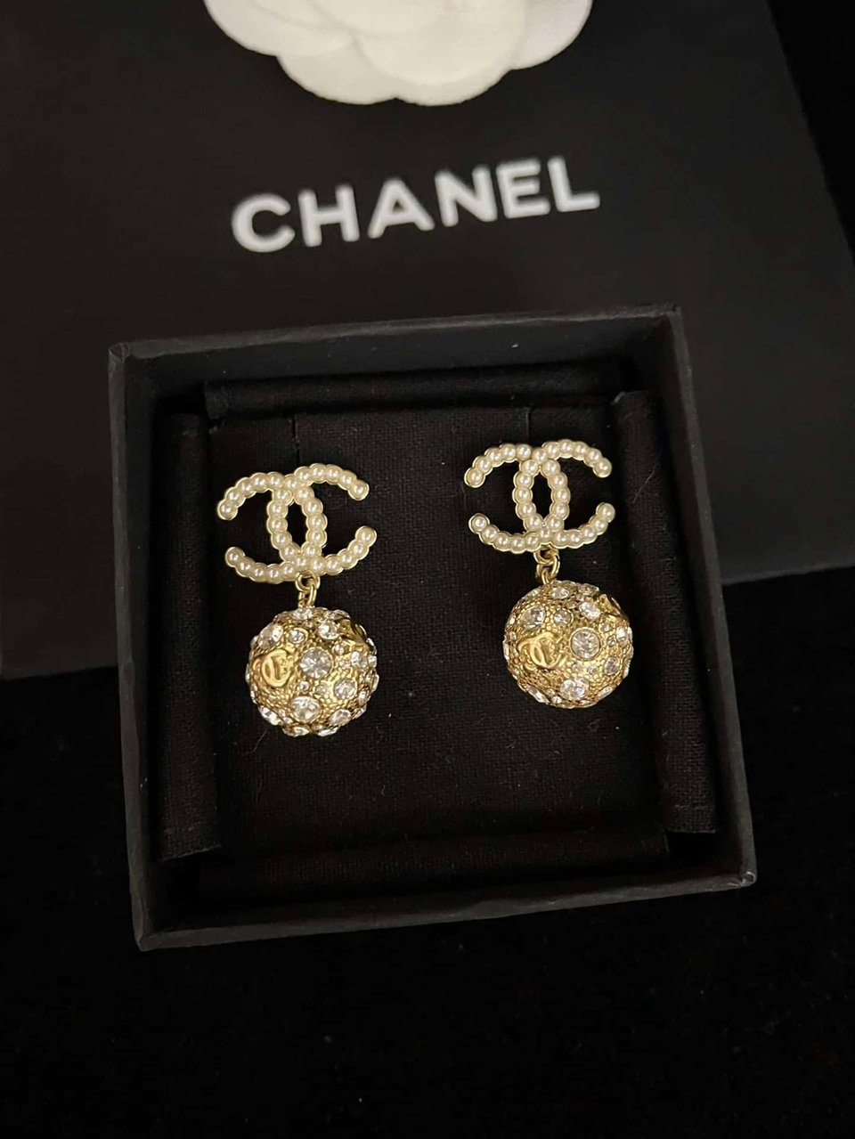 Chanel New Cc Gold Ball Crystal Pearl Drop Earrings view 4