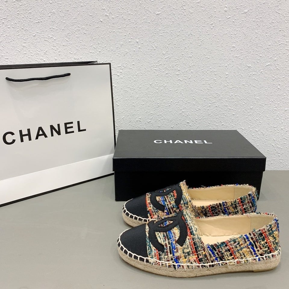 Chanel Tweed Grosgrain Cc Espadrilles Slip On Multicolor Black view 10