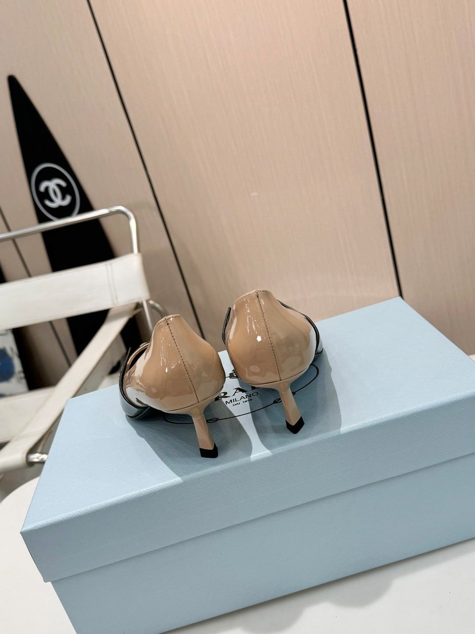 Prada Two Tone Toe Kitten Heels In Black And Beige view 5