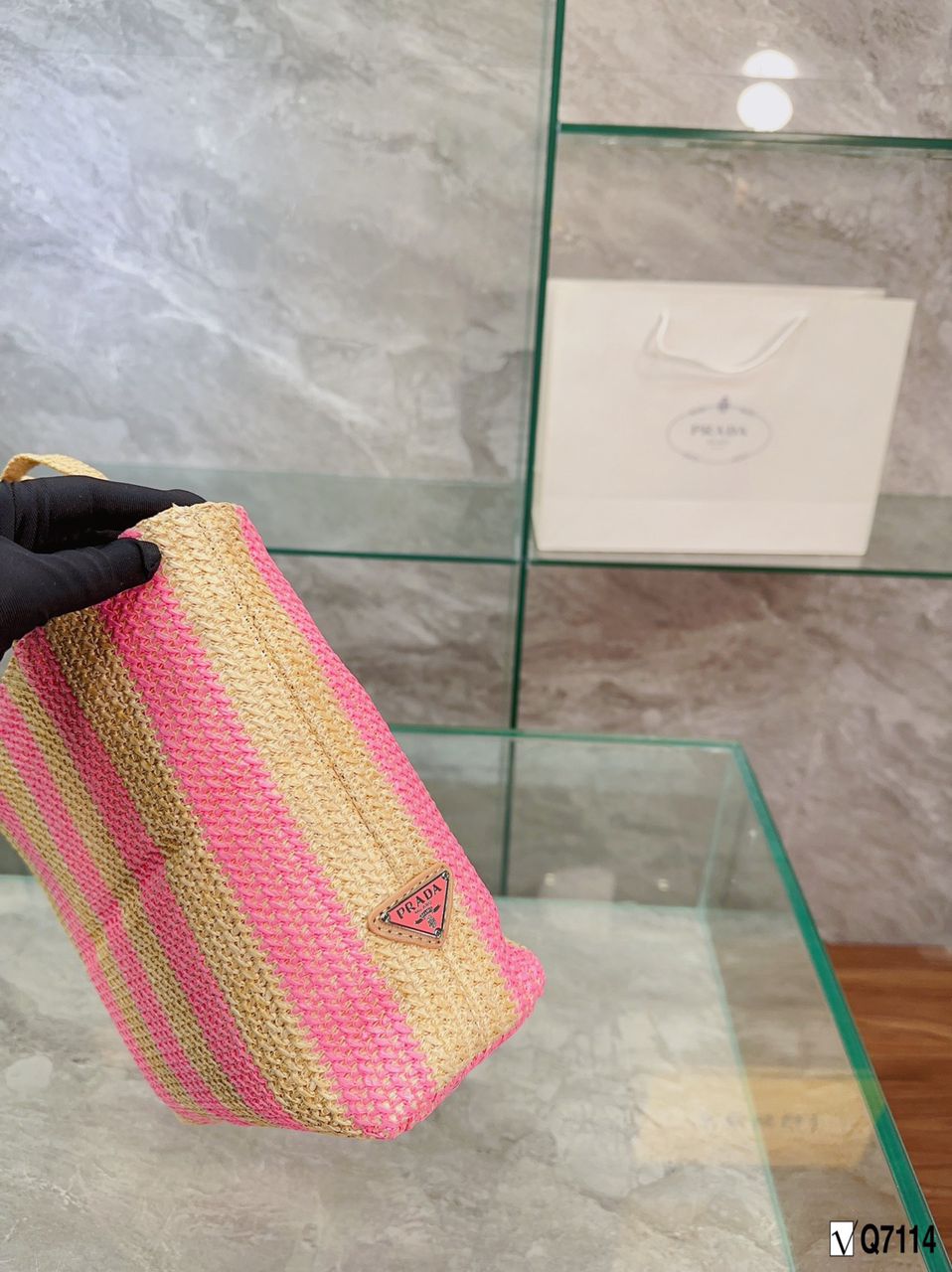 Prada Raffia Tote Bag Tan And Pink view 7