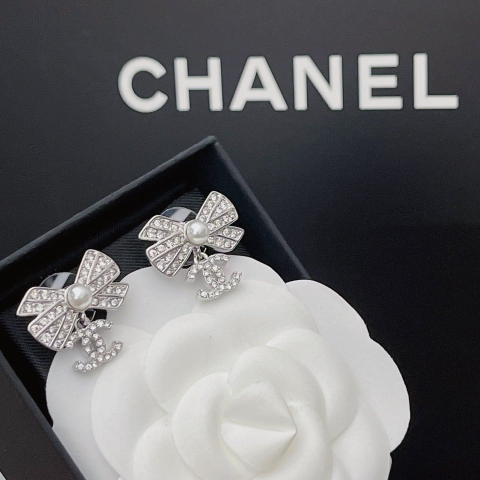 Chanel Crystal Cc Bow Drop Earrings Silver view 6