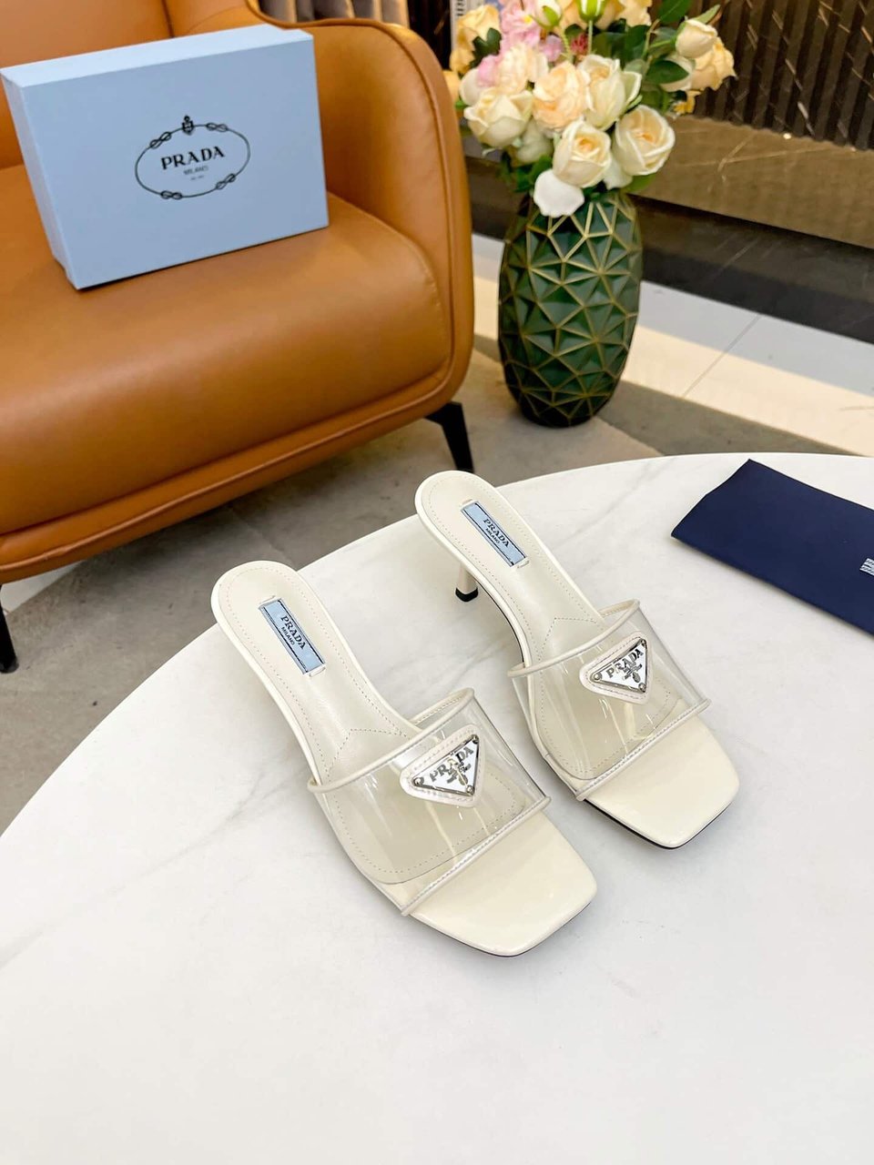 Prada Plexiglas And Patent Leather Sandals Cream view 5