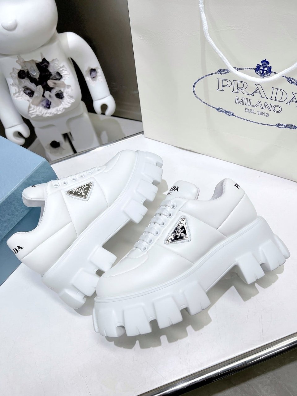 Prada Soft Padded Nappa Leather Lace Up Shoes White view 7