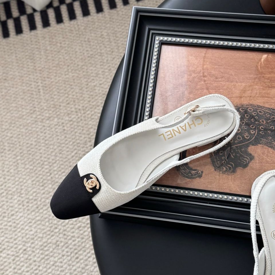 Chanel Iridescent Tweed Cap Toe CC Slingback Flats White Black view 8