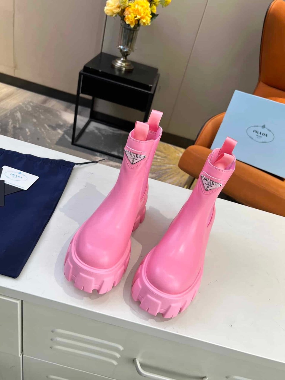 Prada Monolith Brushed Leather Booties Pink view 10