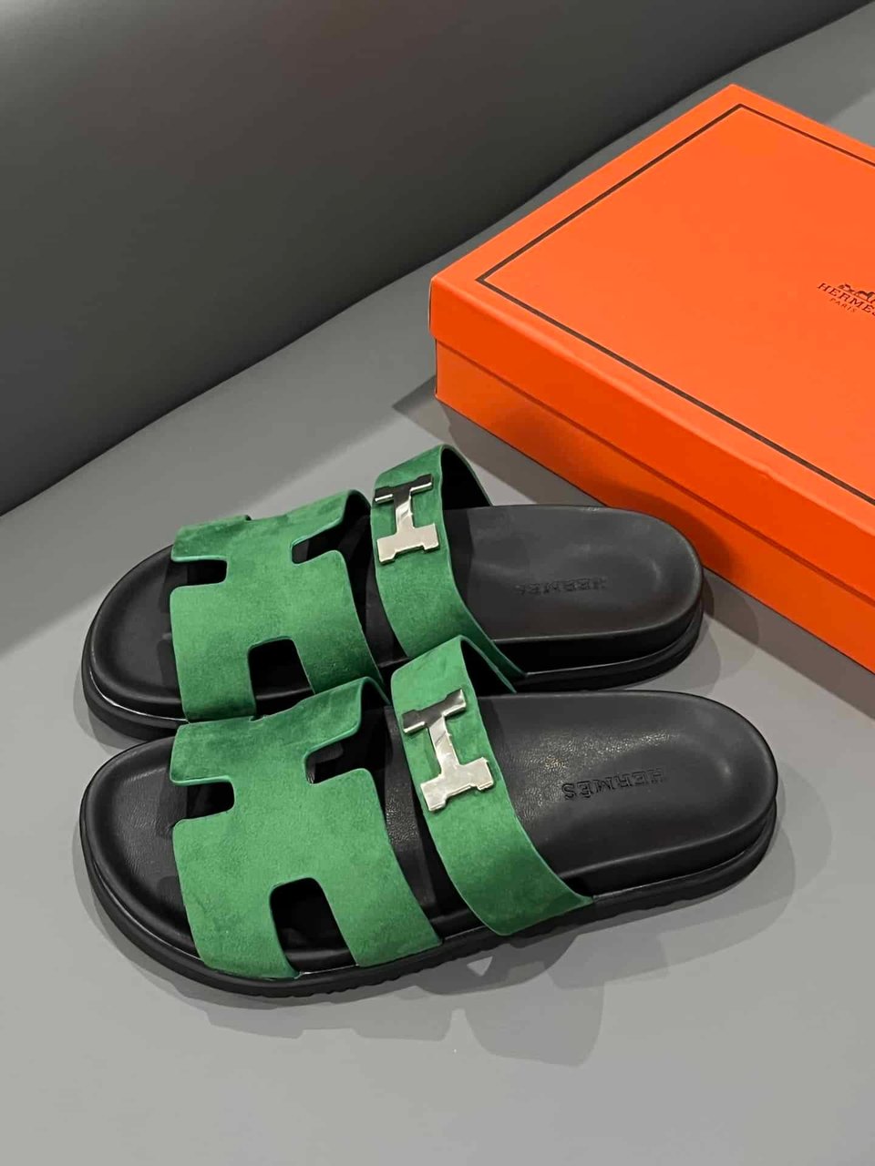 Hermes Chypre Sandal Suede H Logo Silver Hardware Green view 4