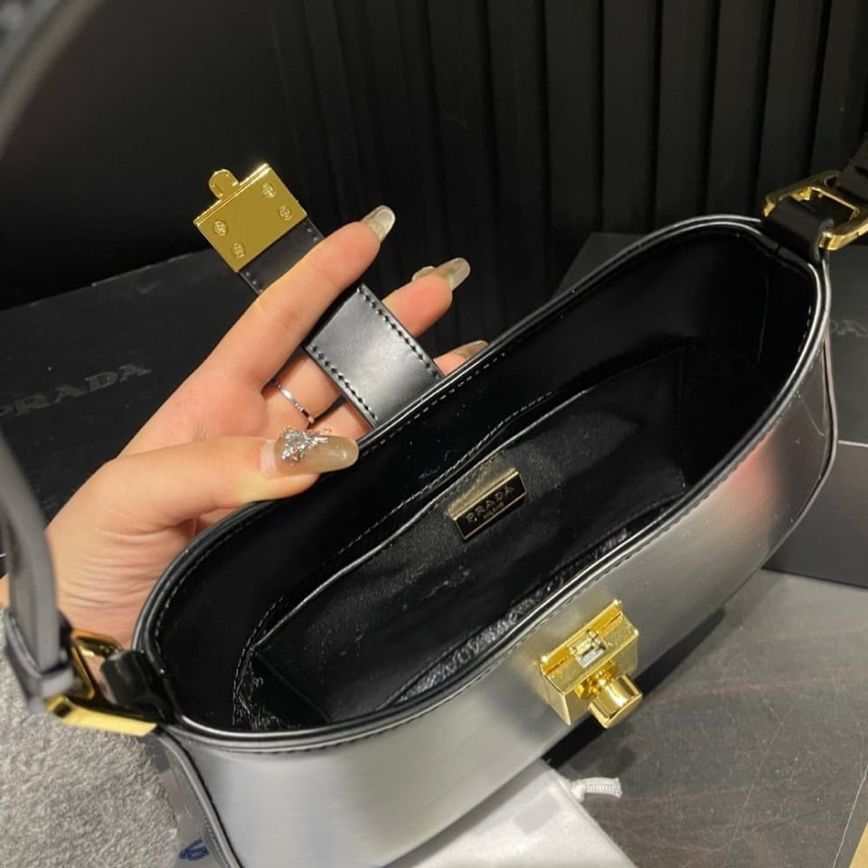 Prada Cleo Brushed Leather Shoulder Bag With Clasp Closure Black 26Cm view 8