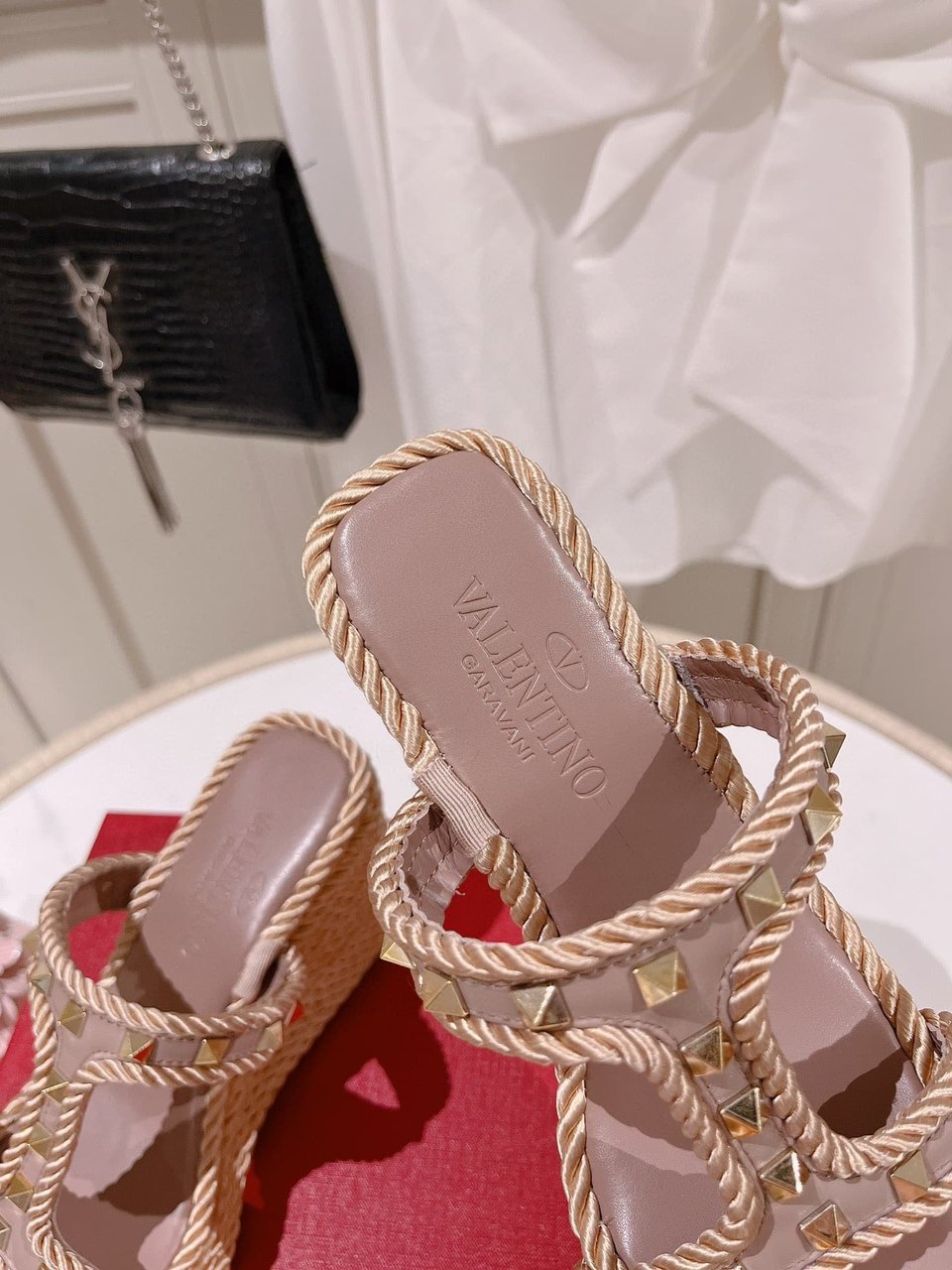 Valentino Rockstud Wedge In Calfskin Beige view 6